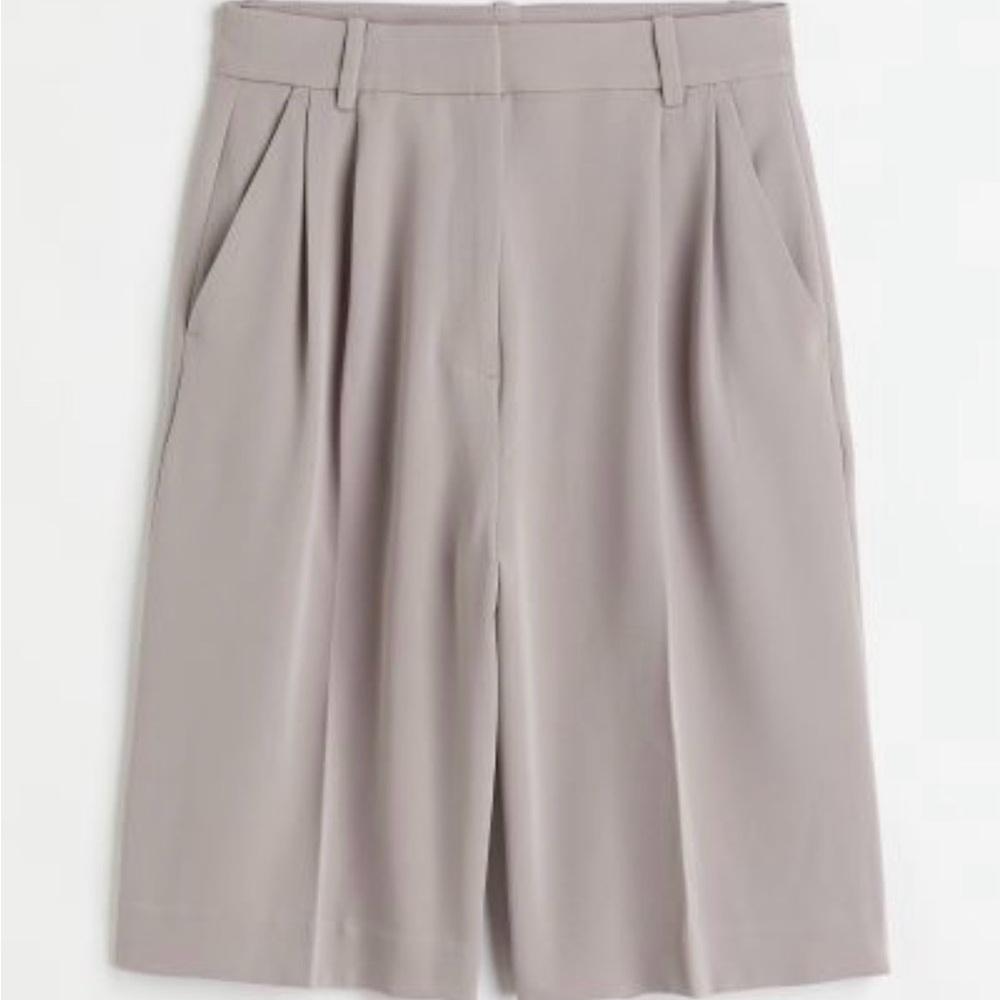 H&M Taupe High-Waist Pleated Bermuda Shorts